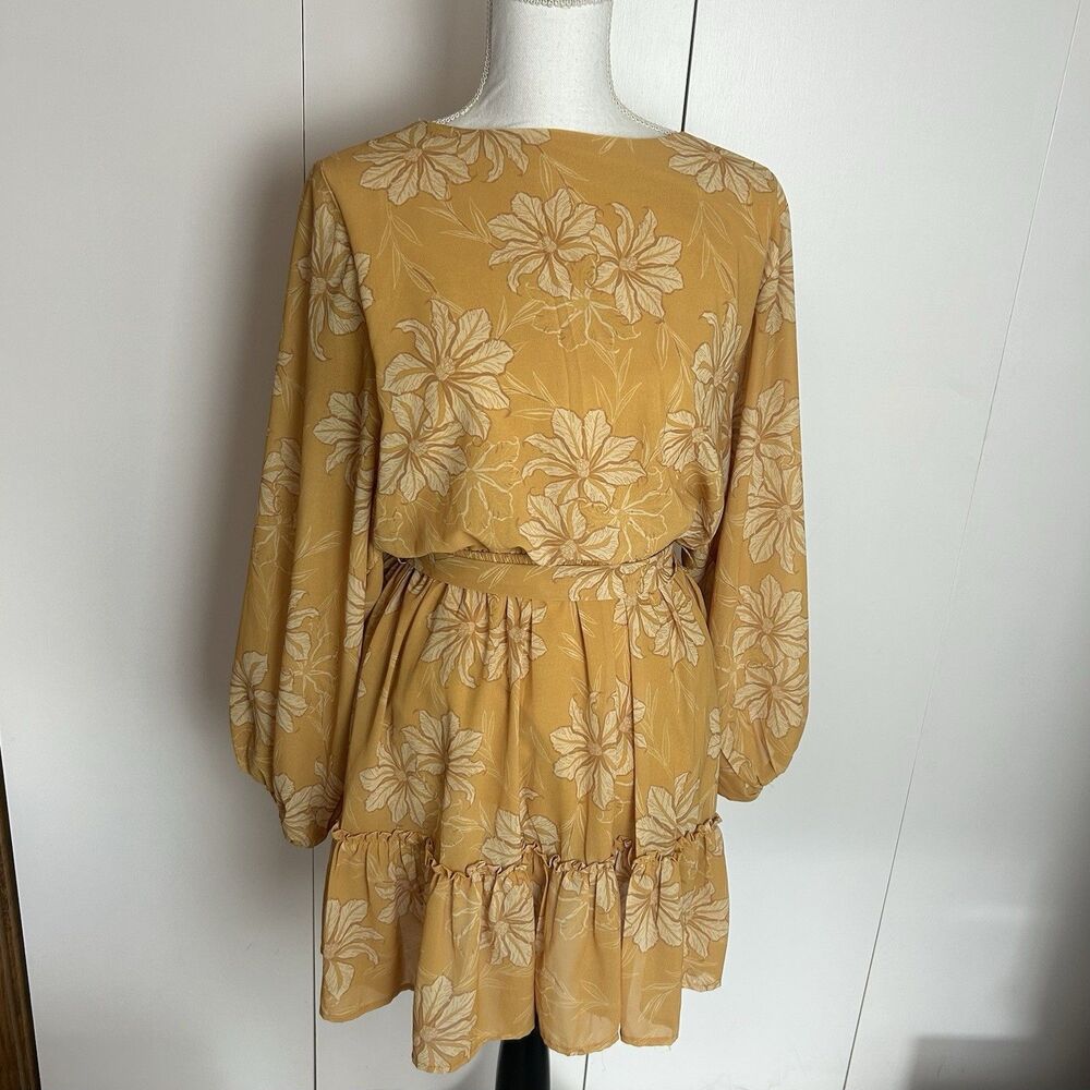 Flying Tomato Yellow Floral Long Sleeve Mini Dress Boho Ruffle Hem Keyhole Large